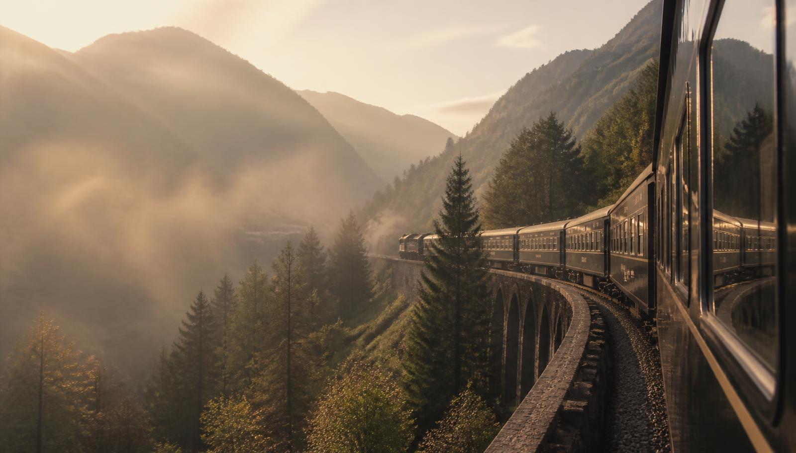 A panoramic train curving through misty mountains at golden hour