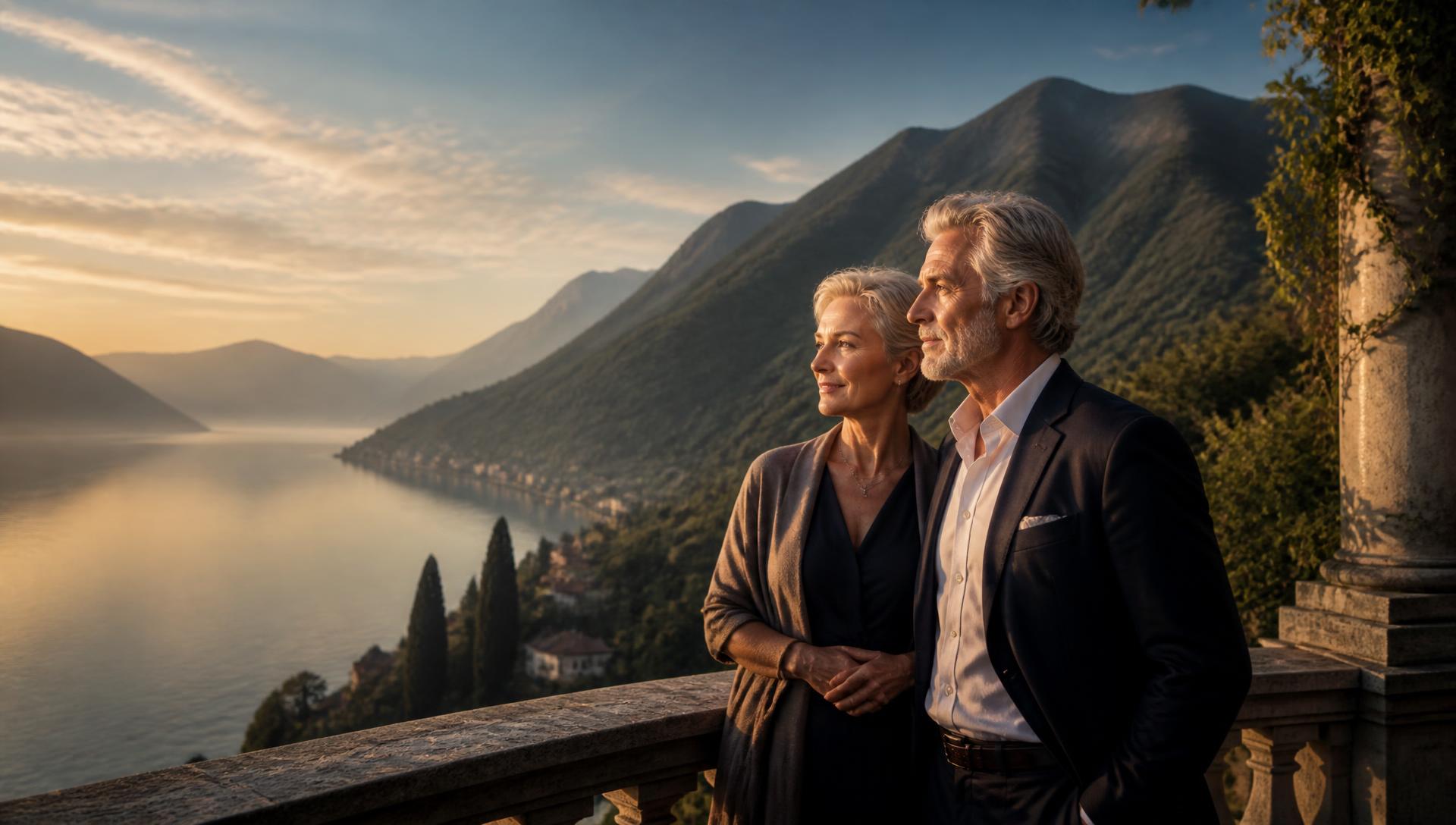 A couple looking out over a misty alpine lake at golden hour