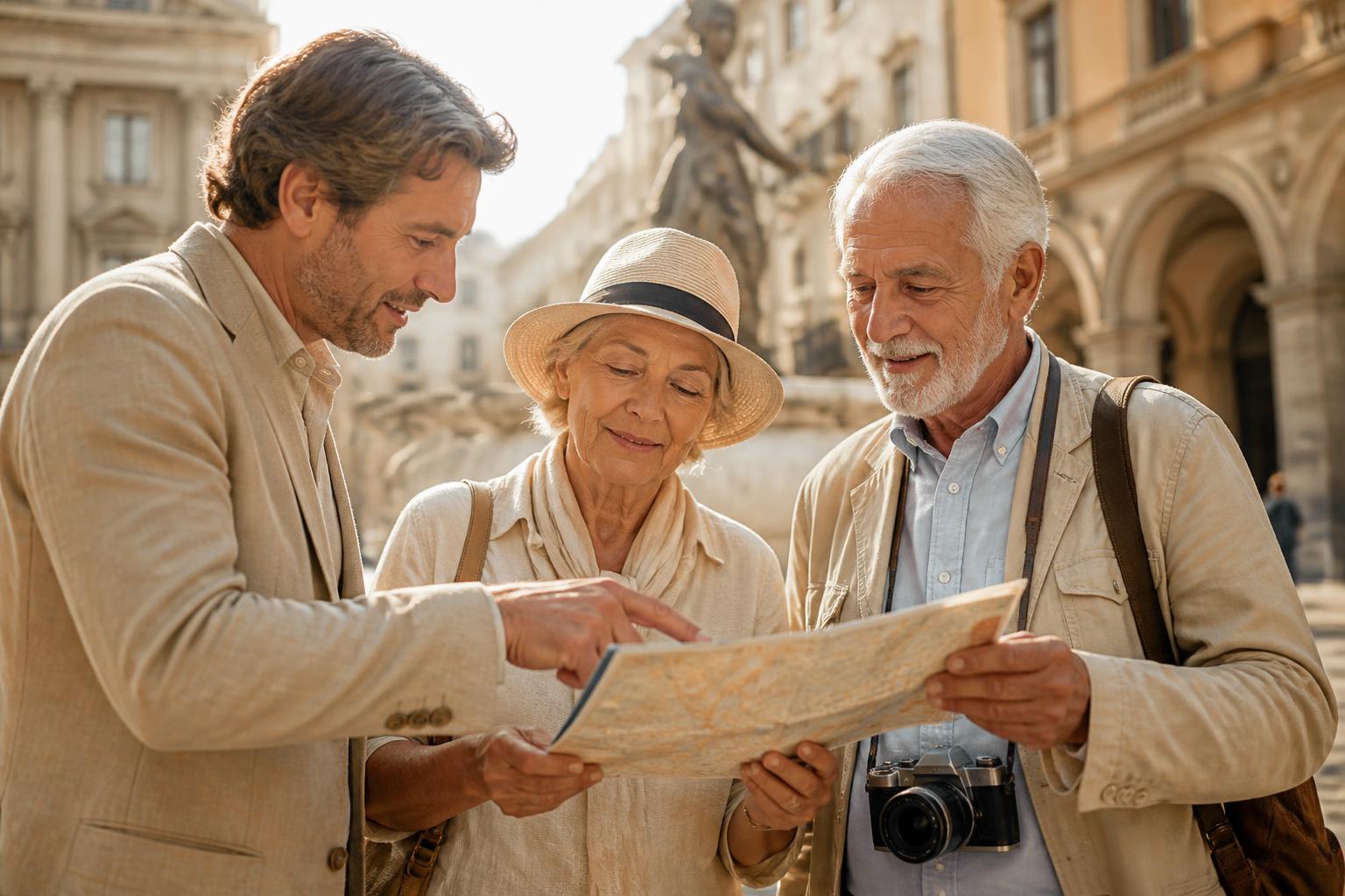A KareVoyage host with travellers in a sunlit European square